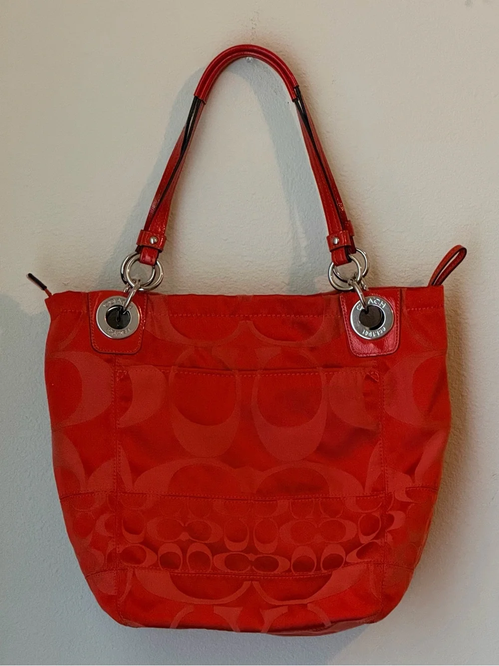 Red/Orange Coach Alex tote satin and patent leather